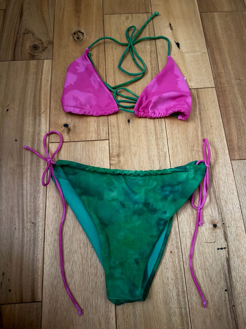PrettyLittleThing Pink and Green Tie String Bikini